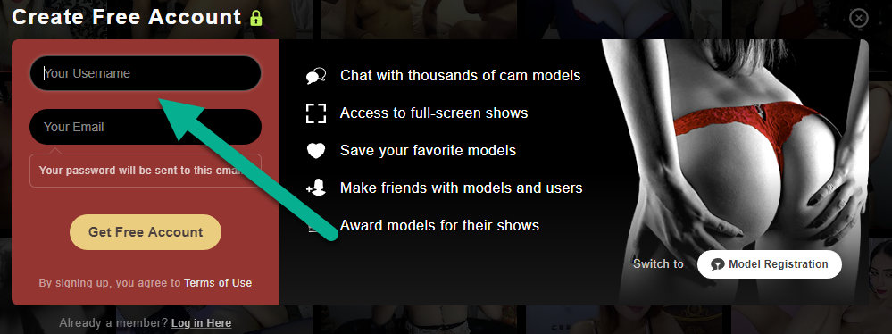 Modulo di apertura account su Stripchat